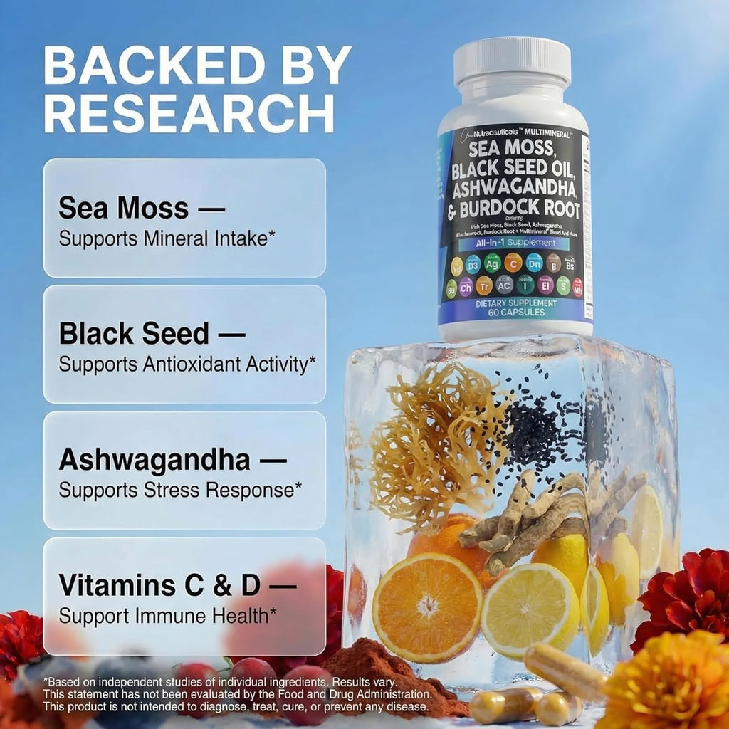 Clean Nutraceuticals Sea Moss Black Seed Oil Ashwagandha Turmeric Burdock Root