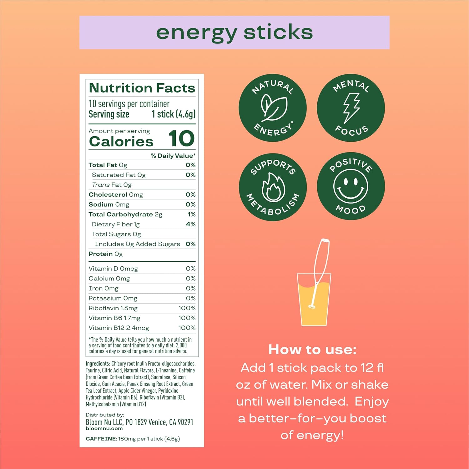 Bloom Nutrition Energy Drink Powder Packets