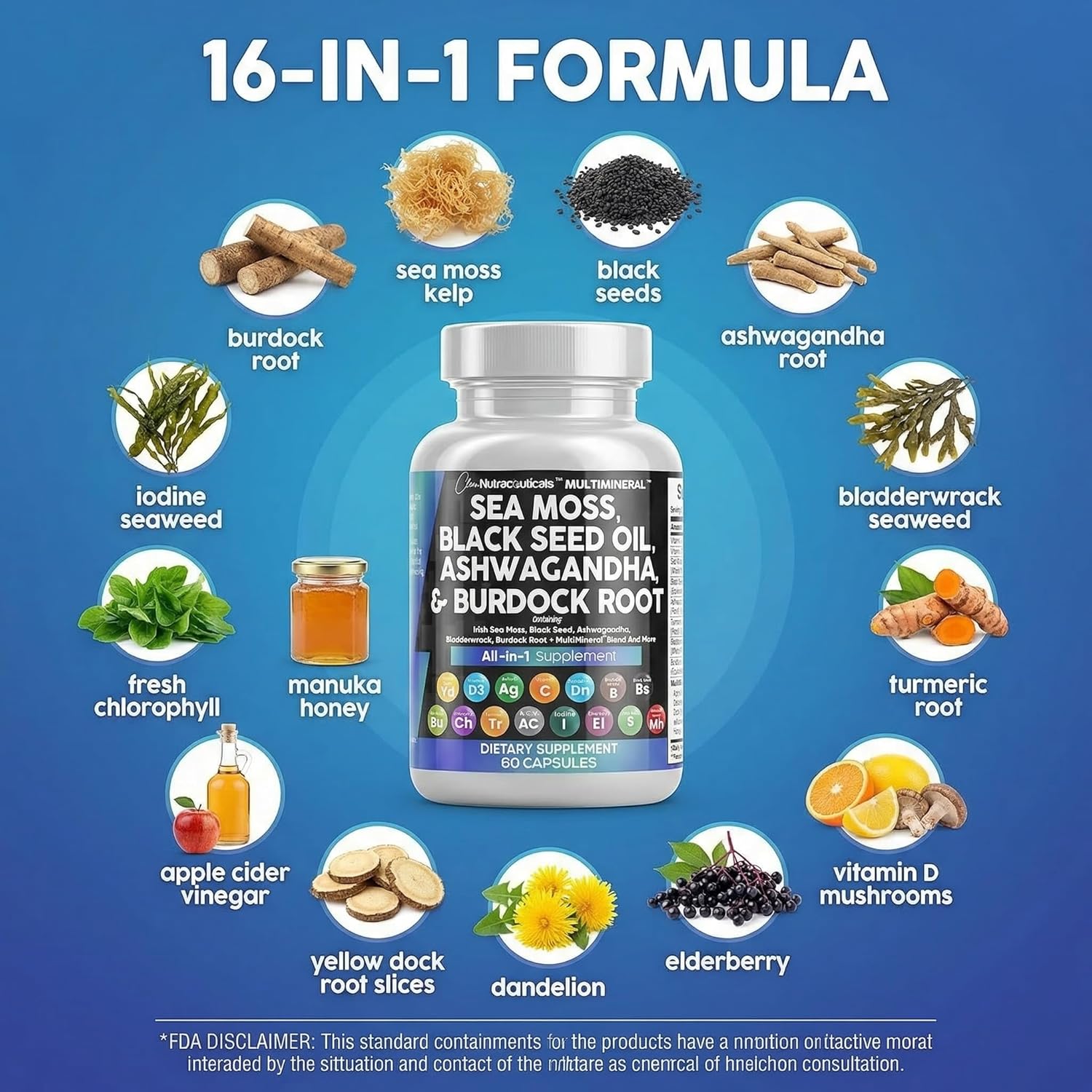 Clean Nutraceuticals Sea Moss Black Seed Oil Ashwagandha Turmeric Burdock Root